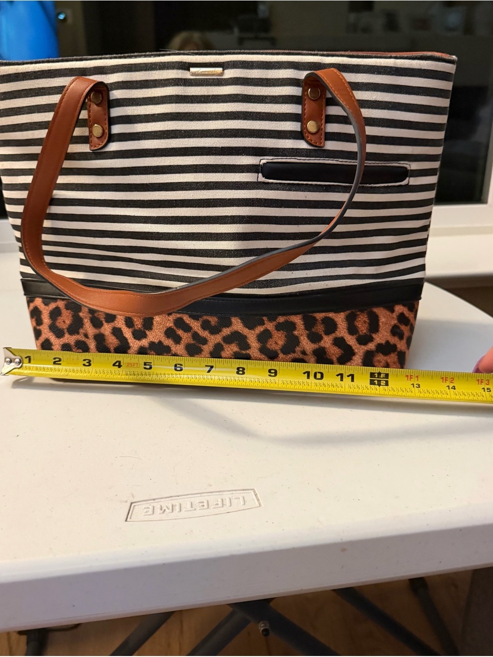 Striped Black & White Tote with Leopard Trim and Brown Handles